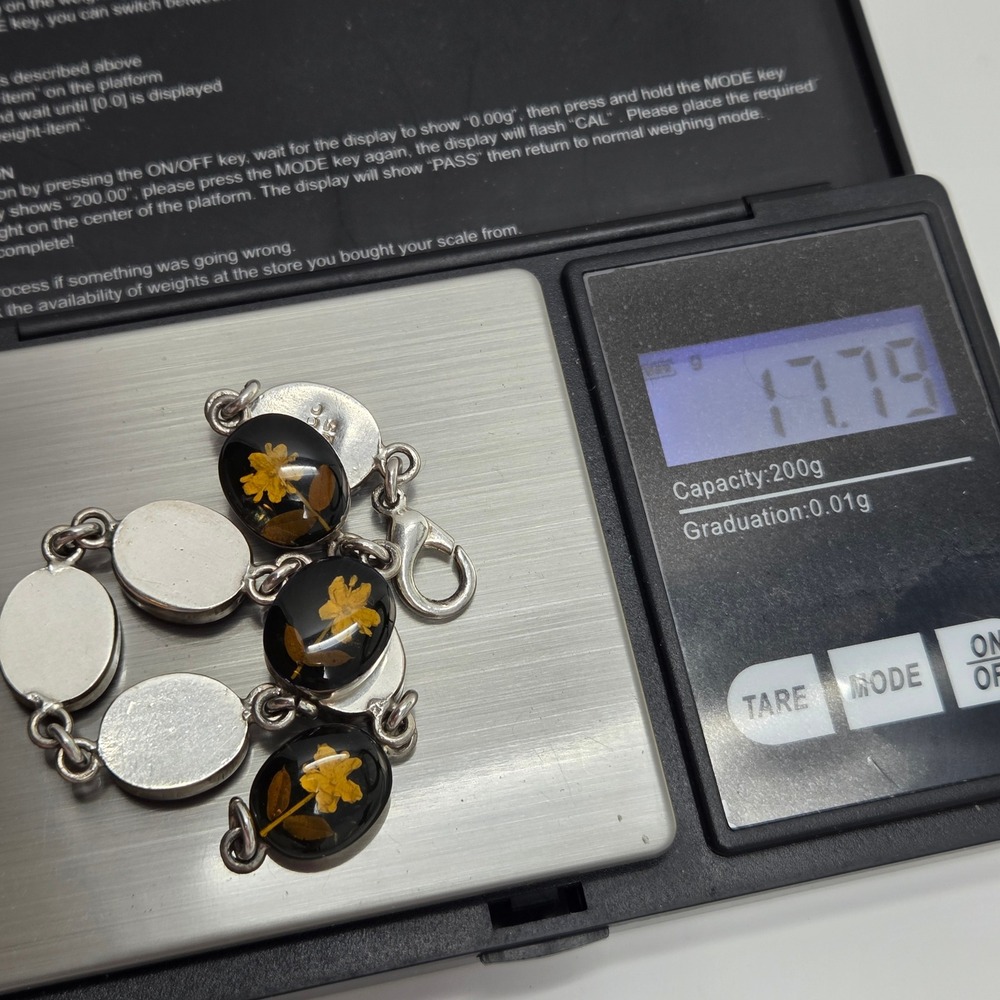 Mexican Silver Bracelet Sterling Silver Pressed Flowers Resin Links 7.5" 17.8g - Picture 9 of 9